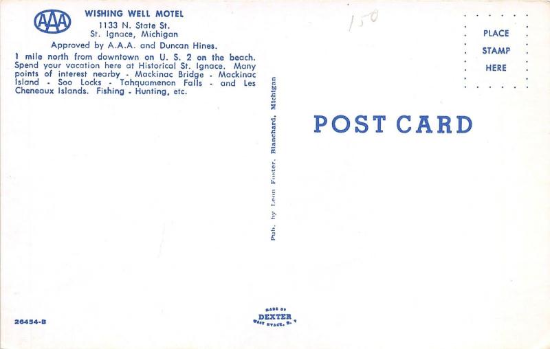 St Ignace Michigan~Wishing Well Motel~50s Convertible Car~Lake Bknd~Postcard