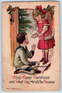 Artist Signed Postcard Christmas Childrens With Toy Holly Berries c1910s Antique