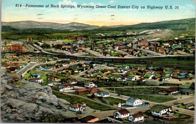 Linen Postcard Panorama of Rock Springs, Wyoming Coal District Highway US 30