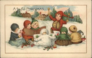 Christmas Children Snow Dolls Picture Book Toy Drum Vintage Postcard