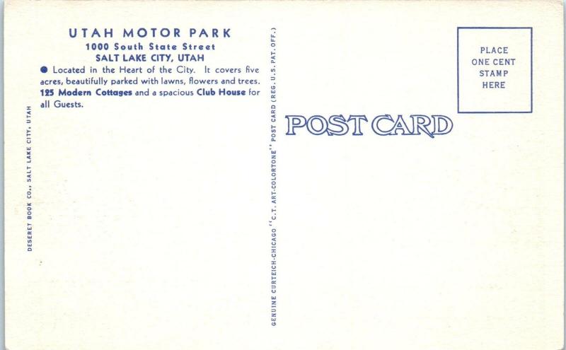 SALT LAKE CITY, UT    UTAH  MOTOR  PARK   c1940s   Roadside   Linen   Postcard