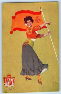 Spain University Girl With Flag St. John Signed Artist Antique Unposted Postcard