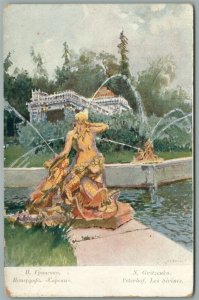 RUSSIA ST.PETERSBURG SIRENS FOUNTAIN IN PETERHOF WWI ERA ANTIQUE POSTCARD