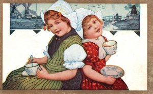 Vintage Postcard Attractive Beautiful Dutch Girls Drinking Chocolate Coffe