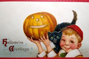 Halloween Postcard Boy Black Cat JOL Pumpkin Series 120 Frances Brundage Germany