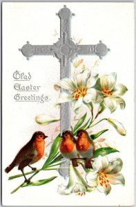 Glad Easter Greetings Chicks Flowers Crucifix Wishes Card Postcard