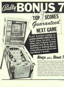 Bonus 7 Bingo Pinball FLYER Original 1970 Arcade Game Promo Art Print