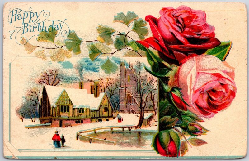 Happy Birthday Winter Village Large Pink Roses Flowers Greetings Postcard 