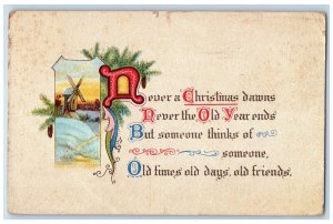 1920 Christmas Pine Cone Windmill Winter Snow Seal Embossed Vintage Postcard 