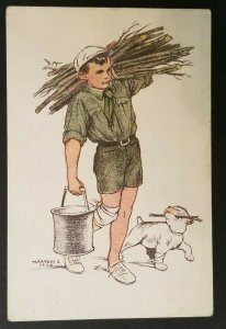 1926 Mint Vintage Hungary Boy Scouts Dog Firewood Illustrated Marton Postcard