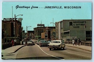 Janesville Wisconsin WI Postcard Greetings Classic Cars Busy Day Buildings 1960