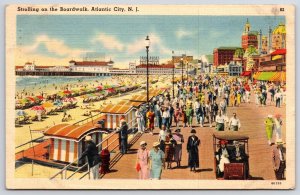 1940's Strolling On Boardwalk Atlantic City New Jersey Crowded Posted Postcard