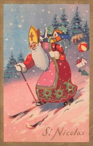 CHRISTMAS HOLIDAY ST. NICOLAS SANTA CLAUS SKIING FRANCE NOVELTY ADD-ON POSTCARD