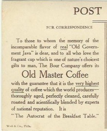 Bour Quality Coffees Royal Garden Teas Antique Advertisement Postcard Stern look