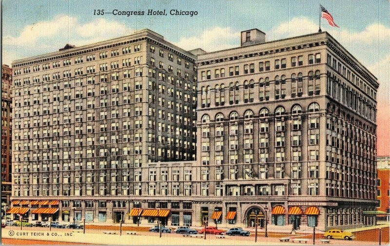 Congress Hotel Chicago Curt Teich Michagan Avenue Lake MIchigan Postcard Vtg 