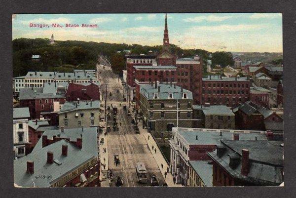 ME State Street BANGOR MAINE Postcard PC Trolley Car