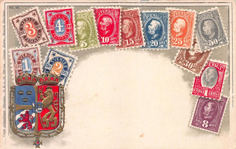 Sweden, Classic Stamps in Actual Colors, Early Embossed Postcard, Unused