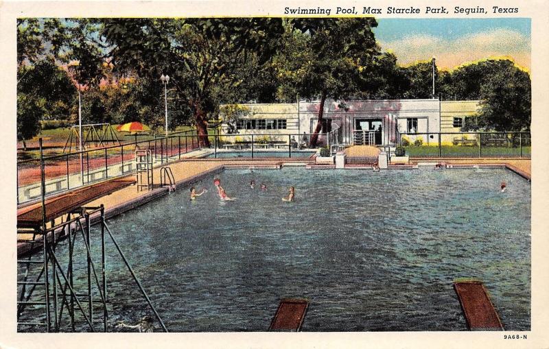 Seguin Texas~Max Starcke Park-People in Swimming Pool~Bath House~Swingset~1939