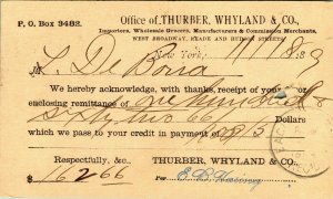 Thurber Whyland & Co Grocers E B Haring 1887 Receipt New York Postal Card