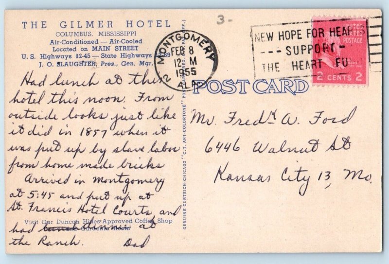 Columbus Mississippi Gilmer Hotel Exterior View Building c1955 Vintage Antique