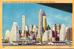 New York City Looking At Downtown Skyline From Under Brooklyn Bridge