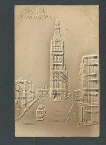 Ca 1904 Post Card Milwaukee WI City Hall Lt Brown W/Glitter Airbrushed Embossed