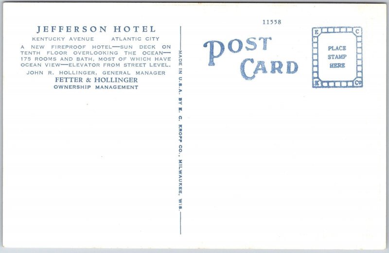 Hotel Jefferson Kentucky Avenue Near Beach Atlantic City New Jersey NJ Postcard