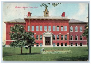 1909 Walker School Building Garden Front View Flint Michigan MI Antique Postcard