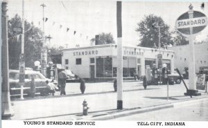 1950s Young's Standard Service Tell City IN Standard Oil Gas Pumps Postcard