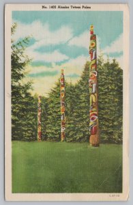 Native Americana Indian~Alaska Totem Poles~Linen Vintage Postcard 