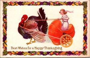 Thanksgiving Day Greetings Postcard Turkey Pulling Girl in Pumpkin Cart Chariot