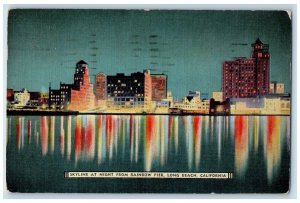 1942 Skyline at Night from Rainbow Pier Long Beach California CA Postcard