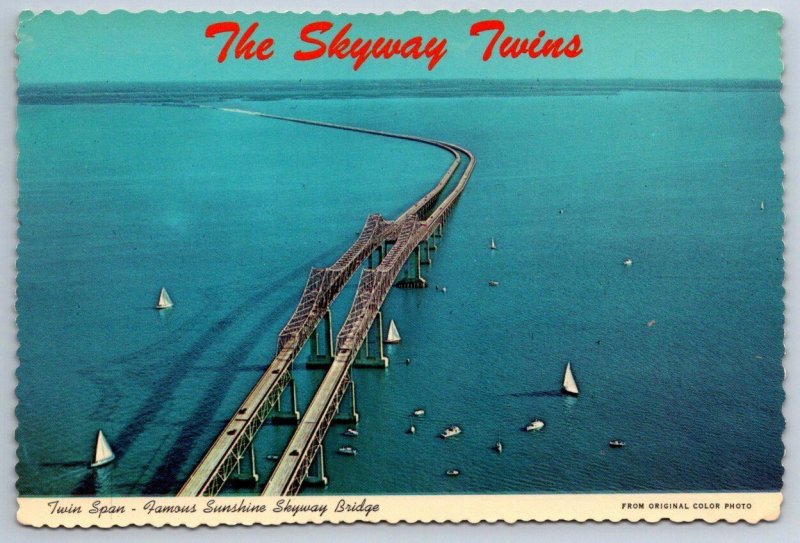 Sunshine Skyway Bridge Twin Span, Tampa Bay Florida, Chrome Aerial View Postcard
