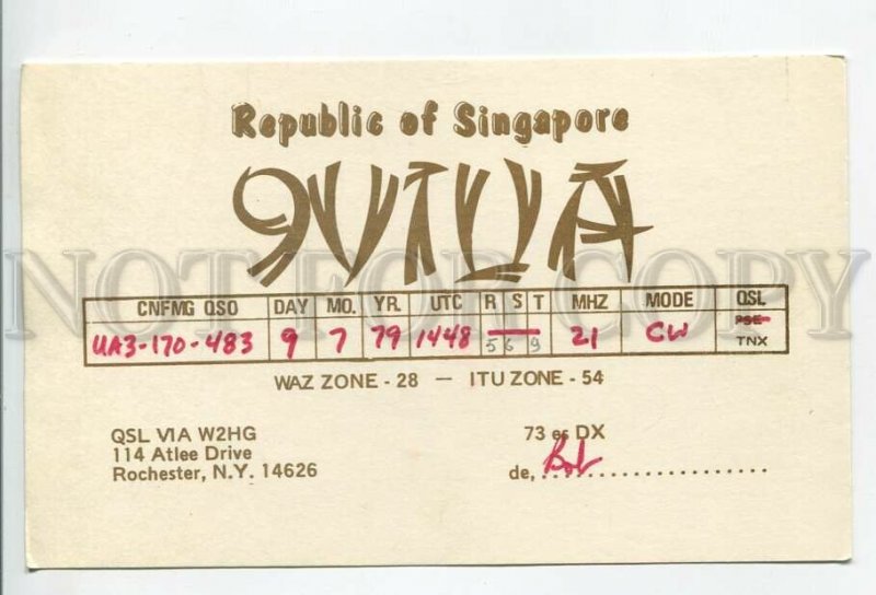 462904 1979 year Singapore Rochester New York US radio QSL card