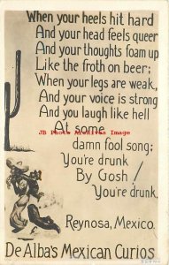 Alcohol Comic, RPPC, De Alba's Mexican Curios, Reynosa, Mexico, Drunk Poem