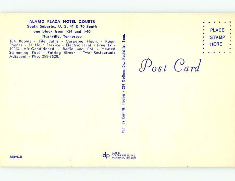 Unused Pre-1980 ALAMO PLAZA MOTEL Nashville Tennessee TN u0103-12