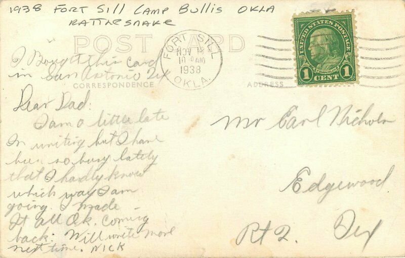 Camp Bullis Oklahoma Fort Sill Rattlesnake 1938 RPPC Photo Postcard 21-7315