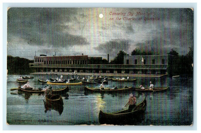 1906 Canoeing By Moonlight Charles At Riverside Groton Massachusetts MA Postcard 