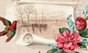 c.1880s Victorian Trade Card Lovely Colorful Bird Sailboats Scene Flowers Roses