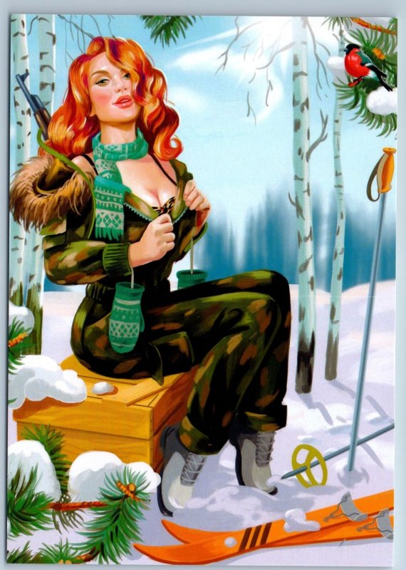 RUSSIAN PIN-UP GIRL camouflage Long Hair AK-47 Snow Forest New Unposted Postcard