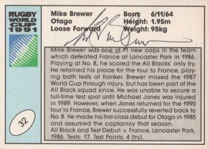 Mike Brewer New Zealand Hand Signed Rugby 1991 World Cup Card Photo