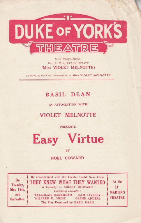 Easy Virtue Noel Coward Marda Vanne Mabel Terry Lewis Old Theatre Programme