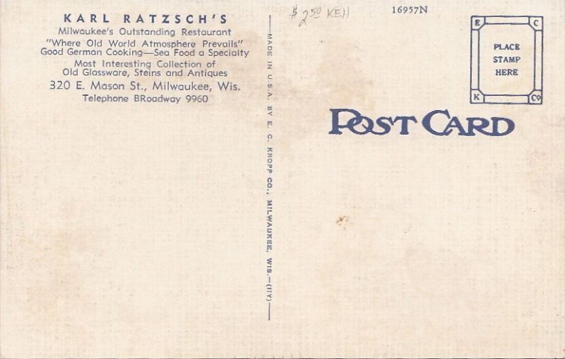 Postcard Karl Ratzsch's Restaurant Milwaukee WI