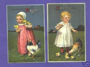 S3159     Two Easter postcards of girl   hen, chicks