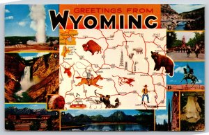 Greetings From Wyoming~Map W/ Bison & Bear~Various Scenes~PM 1963~Vintage PC