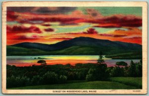 Sunset on Moosehead Lake Maine ME Linen Postcard G7 