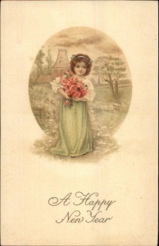 New Year - Little Girl Armful of Roses c1910 Postcard