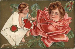 Art Nouveau Valentine Fantasy Cupid Finds Flower Head Woman c1910 Postcard