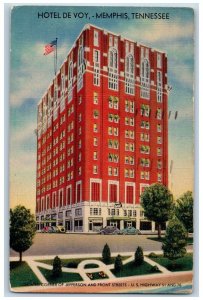 Memphis Tennessee TN Postcard Hotel De Voy Exterior Roadside 1944 Vintage Cars