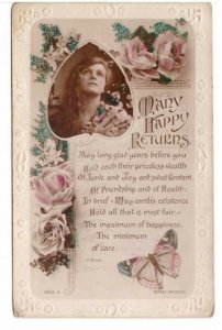 Many Happy Returns, Girl, Roses, Butterfly, Rotary Photo Postcard, F Brooks Poem